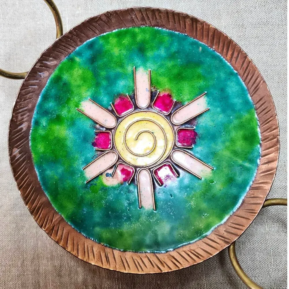 Vintage Round Copper Enamel Jewelry Tray-Unique Boho Trinket Dish with Handles